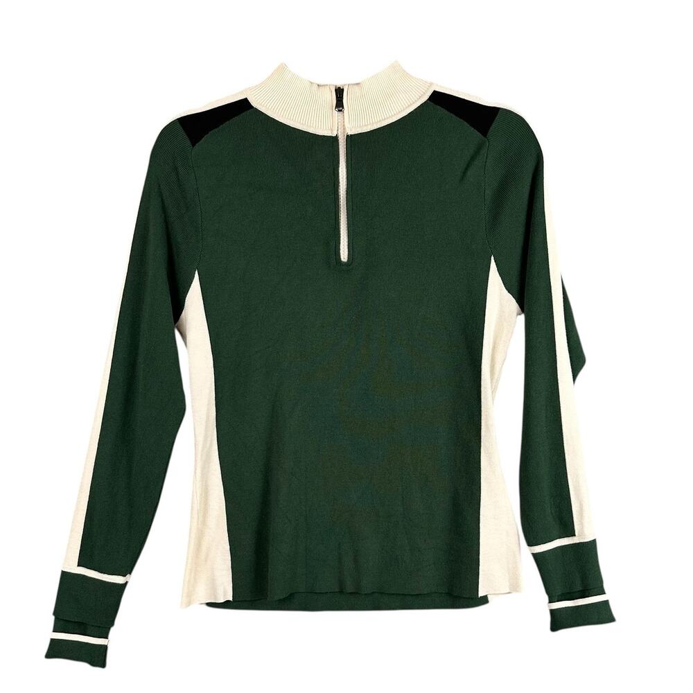 VAARA Sweater Large Green Cream Quarter Zip Luxury Long Sleeve Preppy Activewear
